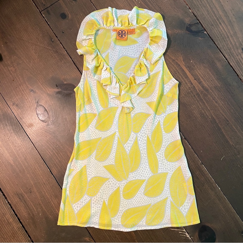 Tory Burch Ruffle Silk Yellow Floral Sleeveless Blouse Sz 4